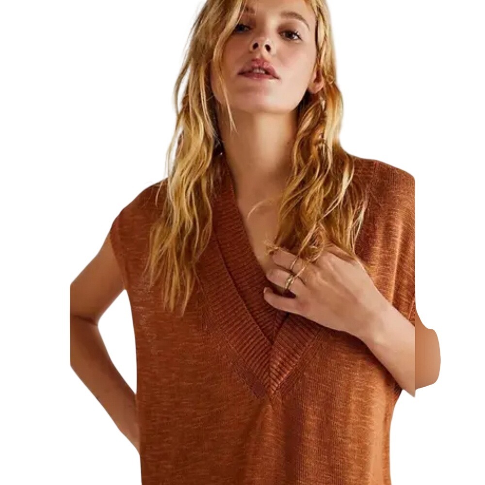 Free People V Neck Sweater Vest Ginger Rust Sleeveless Knit Top XS OB1110524